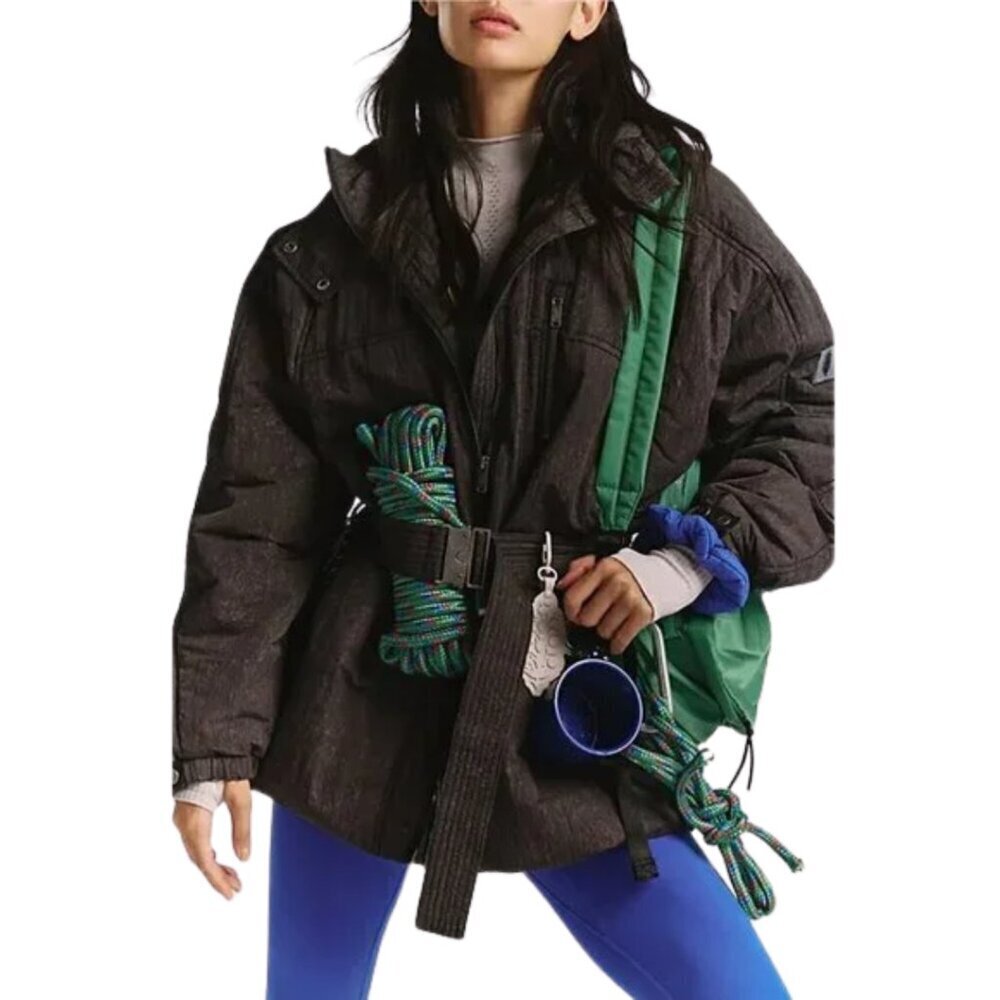 Free People FP Movement Tricked Out Trek Puffer Jacket Women's Large Black NWT